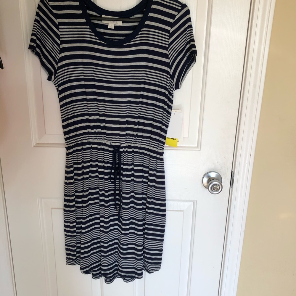 Blue and grey horizontal striped dress